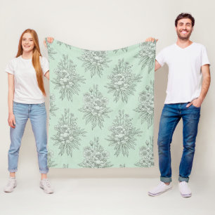Mint Green Botanical Toile with Floral Bouquets Fleece Blanket