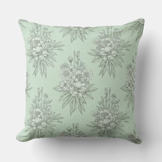 Mint Green Botanical Toile with Floral Bouquets Throw Pillow (Front)