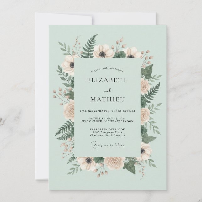 Mint Green Botanical Woodland Wedding Invitation (Front)