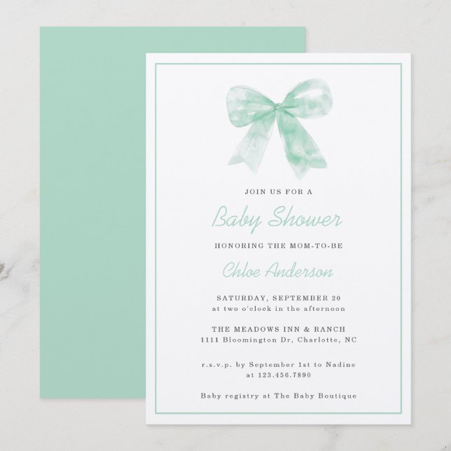 Mint Green Bow Minimal Gender Neutral Baby Shower Invitation (Front/Back)