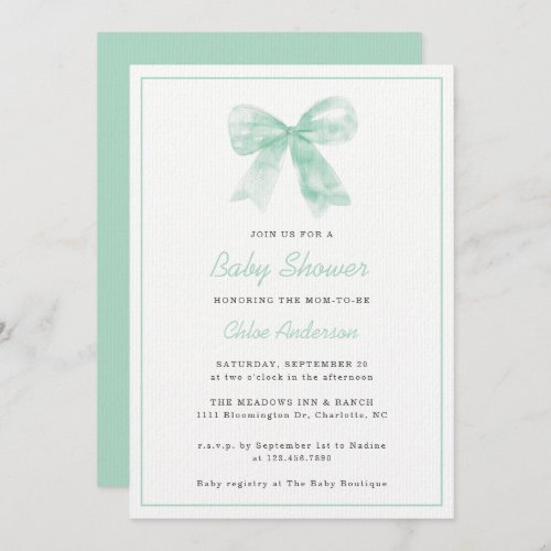 Mint Green Bow Minimal Gender Neutral Baby Shower Invitation