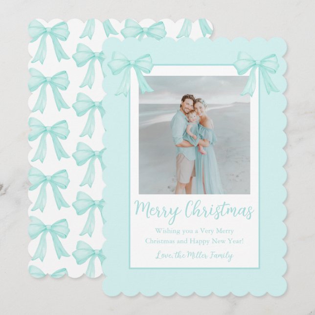 Mint Green Bows Personalized Christmas Photo Holiday Card (Front/Back)