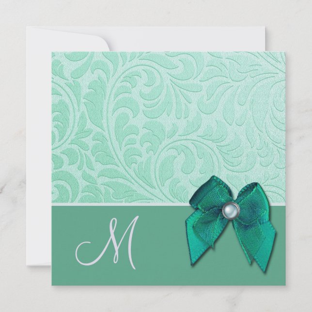 Mint Green Brocade Monogram Wedding Invitation (Front)