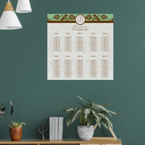 Mint Green Brown Damask Seating Chart 10 Tables