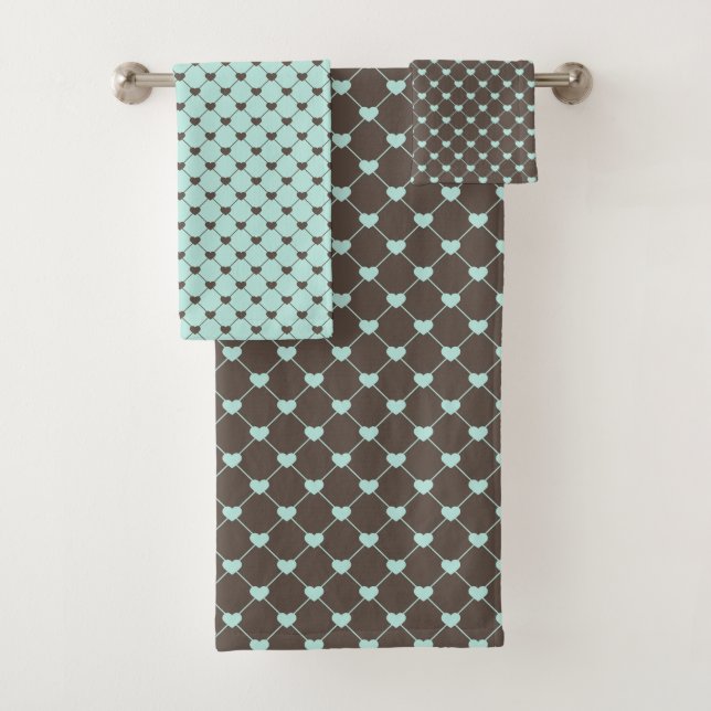 MINT GREEN & BROWN HEART PATTERNS BATH TOWEL SET (Insitu)