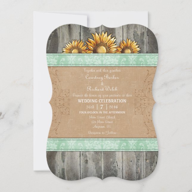 Mint Green Brown Rustic Sunflower Wedding Invite (Front)