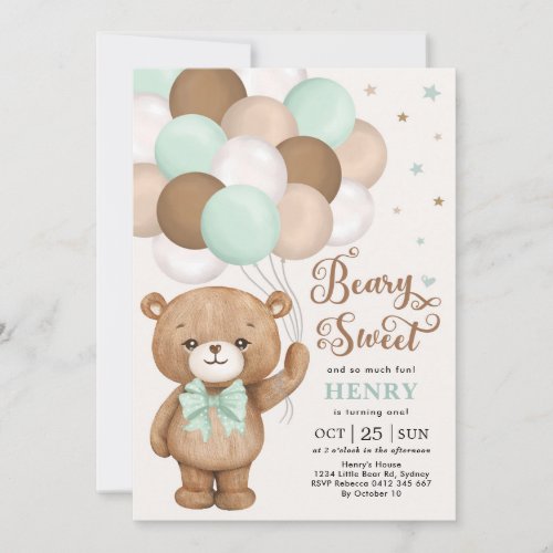 Mint Green Brown Teddy Bear with Balloons Birthday Invitation