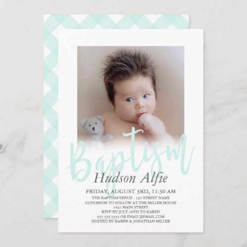 Mint Green Brush Script Photo Baptism Invitation