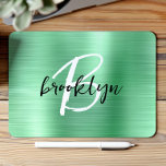 Mint Green Brushed Metal Black White Monogram  Mouse Pad<br><div class="desc">This elegant personalized mouse pad features a monogram and first name in modern black and white script on a mint green brushed metal background.</div>