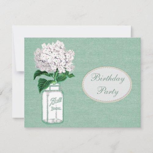 Mint Green Burlap Jar  Hydrangea Birthday Party Invitation