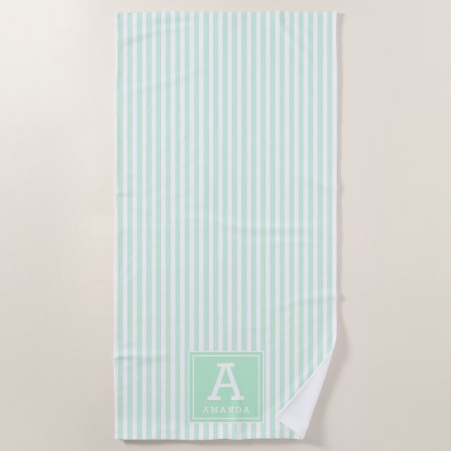 Mint Green Cabana Stripes Monogrammed Initials Beach Towel (Front)