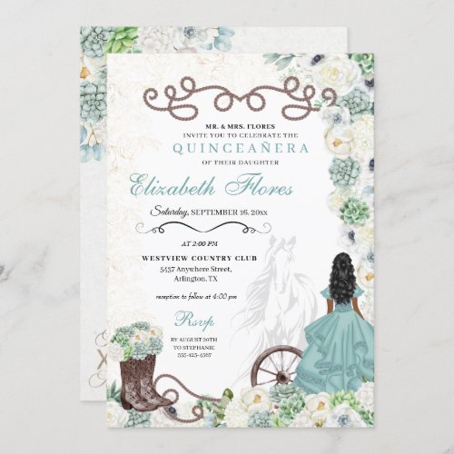 Mint Green Cacti Western Charro Horse Quinceaera Invitation