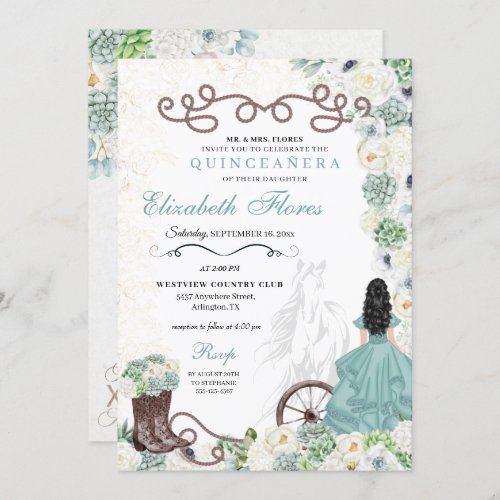 Mint Green Cacti Western Charro Horse Quinceaera Invitation