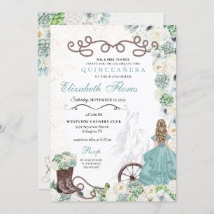 Mint Green Cacti Western Charro Horse Quinceañera Invitation