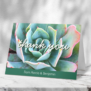 Mint green cactus photo script monogram name bold letterpress thank you card