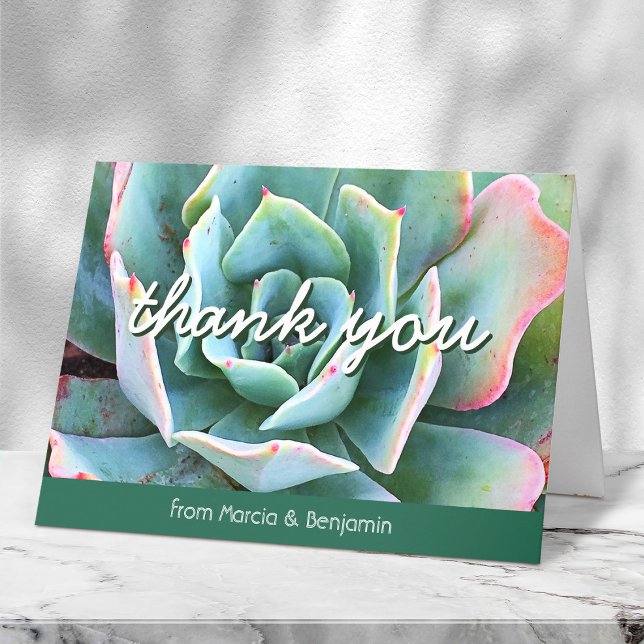 Mint green cactus photo script monogram name bold letterpress thank you card (Creator Uploaded)
