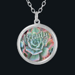 Mint Green Cactus Succulent Photo Beauty Script Silver Plated Necklace<br><div class="desc">I’ve always been mesmerized by the durability and beauty of cacti, which thrive in the harshest of conditions. Embrace the splendor of the desert whenever you wear this stunning close-up photo charm necklace of a pink-tipped, mint green, blossoming cactus. This necklace comes in small, medium and large sizes, as well...</div>