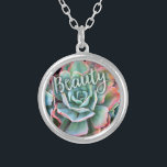 Mint Green Cactus Succulent Photo Beauty Script Silver Plated Necklace<br><div class="desc">I’ve always been mesmerized by the durability and beauty of cacti, which thrive in the harshest of conditions. Embrace the splendor of the desert whenever you wear this stunning close-up photo charm necklace of a pink-tipped, mint green, blossoming cactus. This necklace comes in small, medium and large sizes, as well...</div>