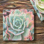 Mint Green Cactus Succulent Photo Beauty Script Stone Coaster<br><div class="desc">Cacti thrive in the harshest of desert conditions. Dream of sunny days and the peaceful atmosphere of a summer’s garden whenever you relax with your favorite beverage using this stunning photography stone coaster of pink-tipped, mint green cacti. Makes a great housewarming gift! You can easily personalize this stone coaster plus...</div>