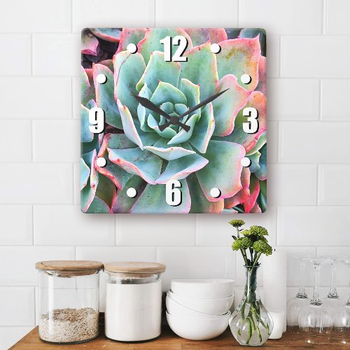 Mint green cactus succulent photo stylish modern square wall clock