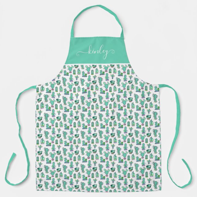 Mint Green Cactus & Succulent Plant Pattern Apron (Front)