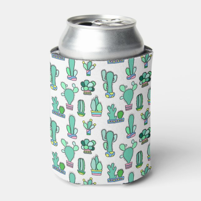 Mint Green Cactus & Succulent Plant Pattern Can Cooler (Can Front)
