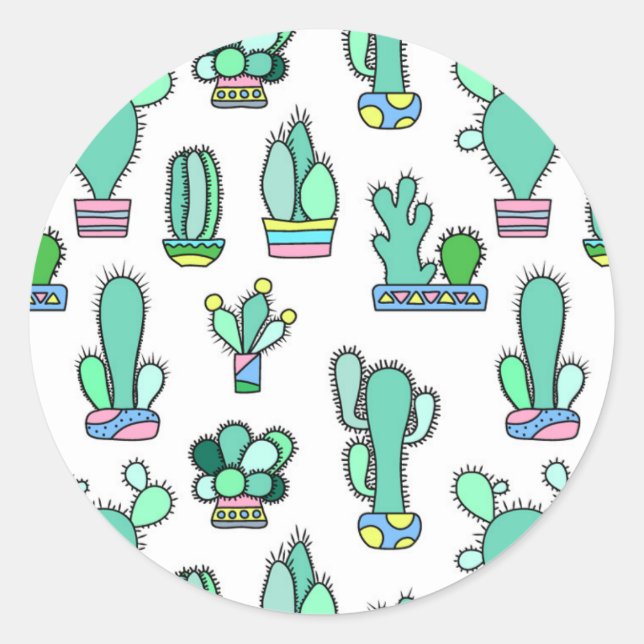 Mint Green Cactus & Succulent Plant Pattern Classic Round Sticker (Front)