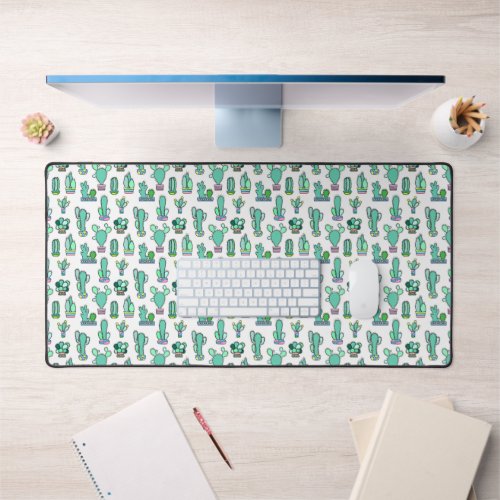 Mint Green Cactus  Succulent Plant Pattern Desk Mat