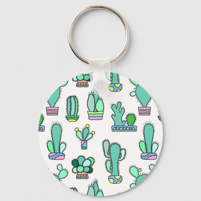 Mint Green Cactus & Succulent Plant Pattern Keychain (Front)