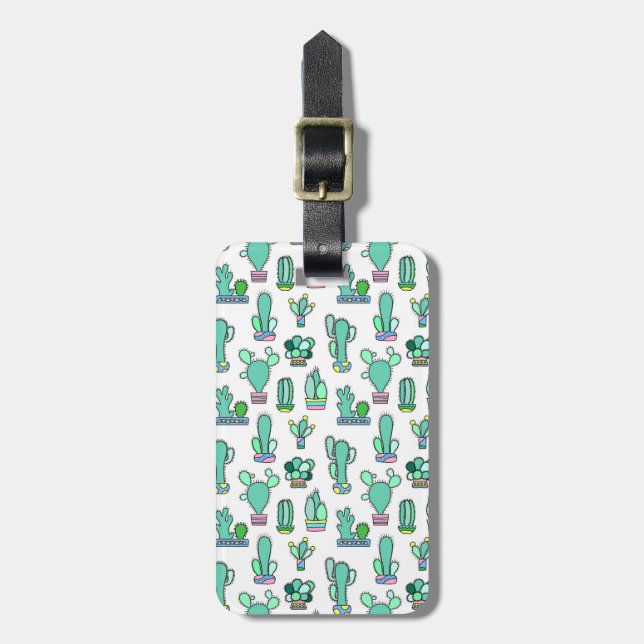 Mint Green Cactus & Succulent Plant Pattern Luggage Tag (Front Vertical)