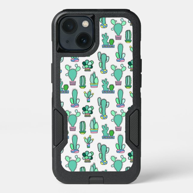 Mint Green Cactus & Succulent Plant Pattern Otterbox iPhone Case (Back)
