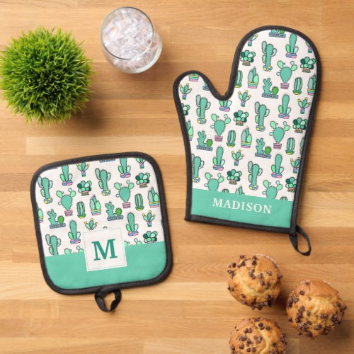 Mint Green Cactus  Succulent Plant Pattern Oven Mitt  Pot Holder Set