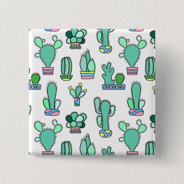 Mint Green Cactus & Succulent Plant Pattern Pinback Button (Front)