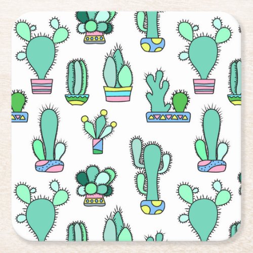 Mint Green Cactus  Succulent Plant Pattern Square Paper Coaster