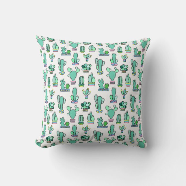 Mint Green Cactus & Succulent Plant Pattern Throw Pillow (Front)