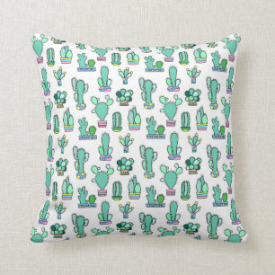 Mint Green Cactus & Succulent Plant Pattern Throw Pillow