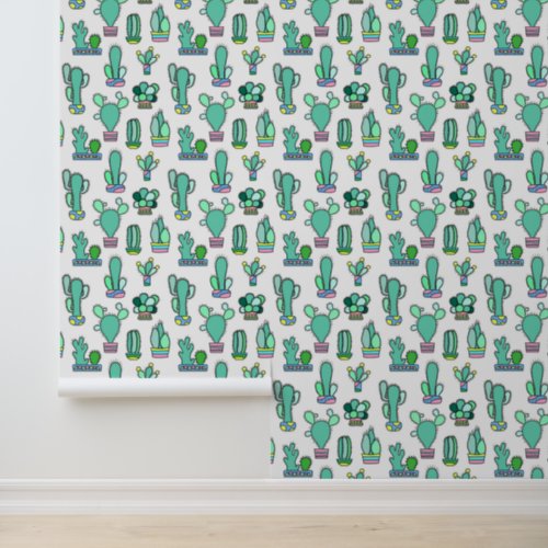 Mint Green Cactus  Succulent Plant Pattern Wallpaper