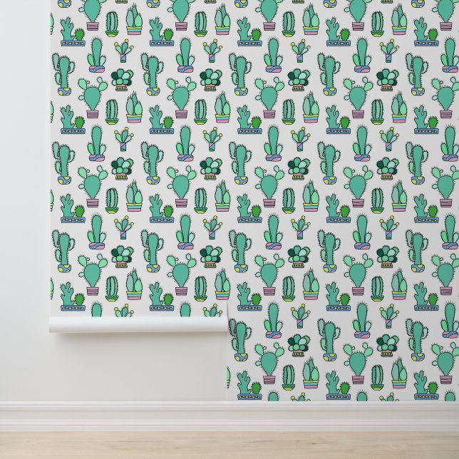 Mint Green Cactus & Succulent Plant Pattern Wallpaper (Application)