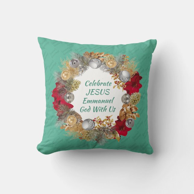 Mint Green CELEBRATE JESUS Christmas Wreath Throw Pillow (Front)