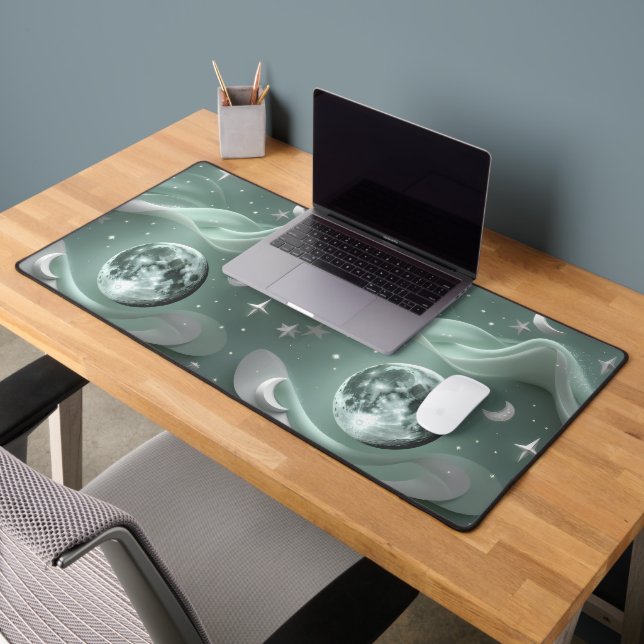 Mint Green Celestial Moon Calm Vibes Desk Mat (Office 2)