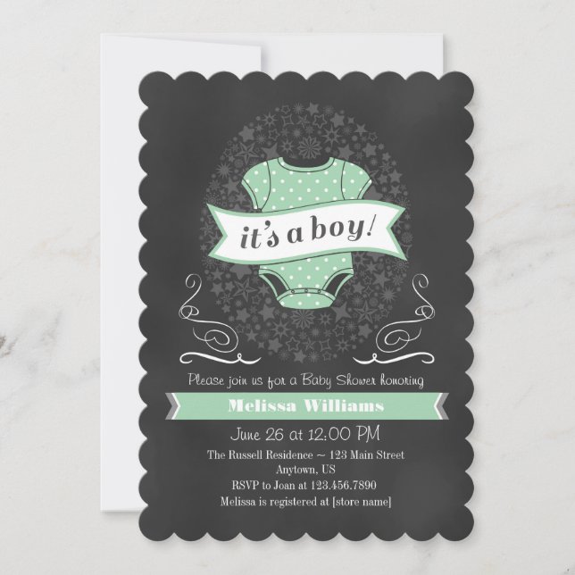 Mint Green Chalkboard Boy Baby Shower Invite (Front)