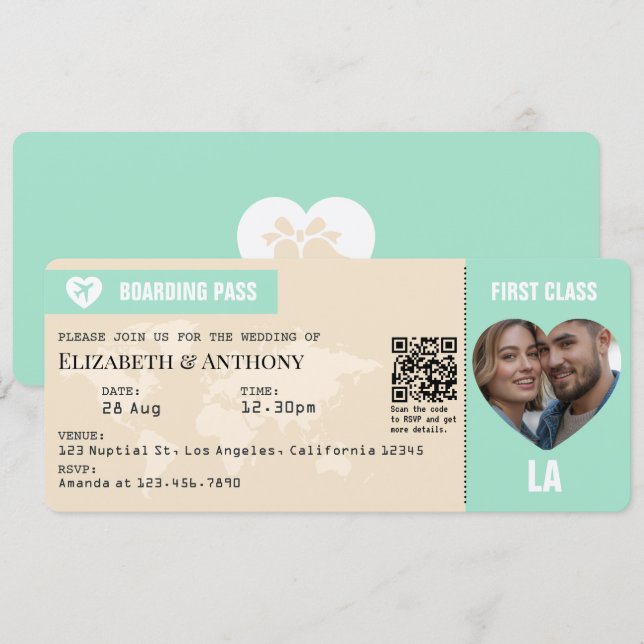 Mint Green & Champagne Boarding Pass Wedding Invitation (Front/Back)