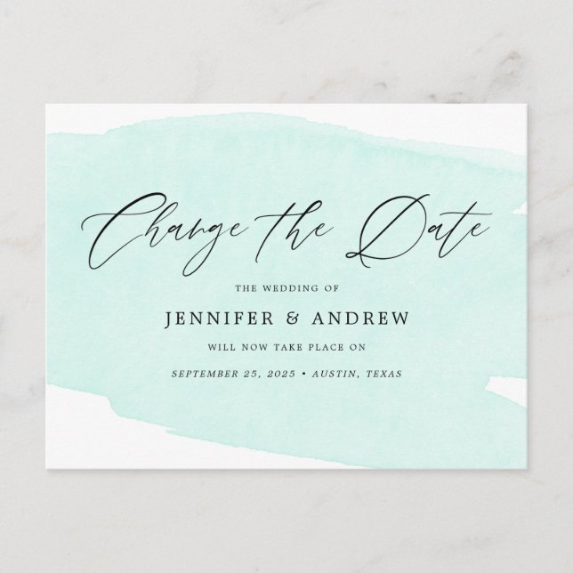Mint Green Change The Date Wedding Postponement Announcement Postcard (Front)