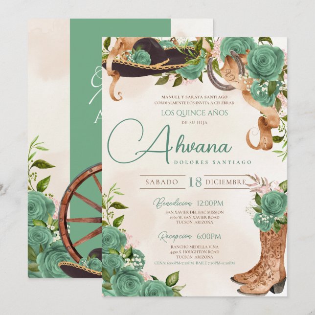 Mint Green Charra Quinceañera Western Sage Rose Invitation (Front/Back)