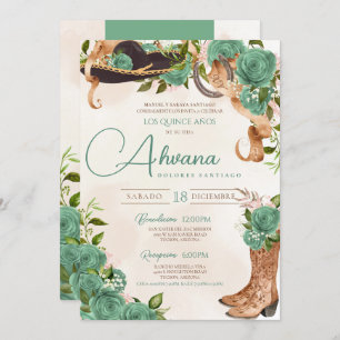 Mint Green Charra Quinceañera Western Sage Rose Invitation