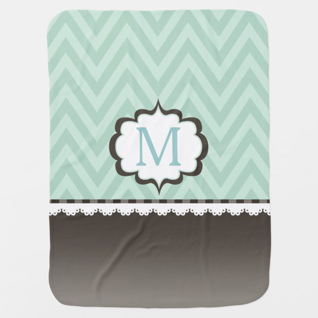 Mint Green Chevron Brown Pattern Custom Monogram Stroller Blanket (Front)