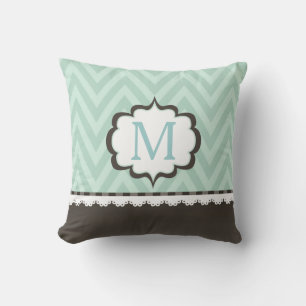 Mint Green Chevron Brown Pattern Custom Monogram Throw Pillow