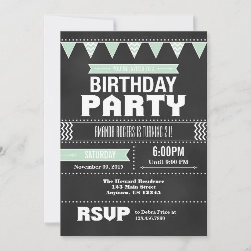 Mint Green Chevron Chalkboard Birthday Invitation