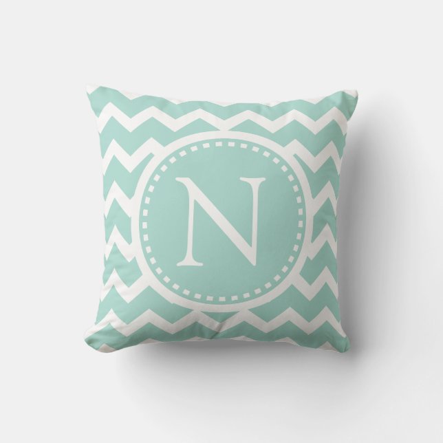 Mint Green Chevron Girly ZigZag Monogram Throw Pillow (Front)