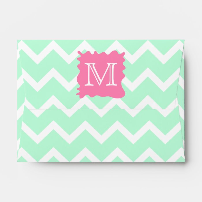 Mint Green Chevron Monogram Design with Pink Splat Envelopes